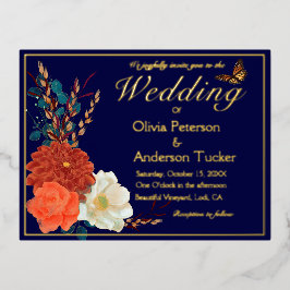 Hochzeit im Herbst Navy QRC Blumenmonarch Butterfl Folie Einladungspostkarte