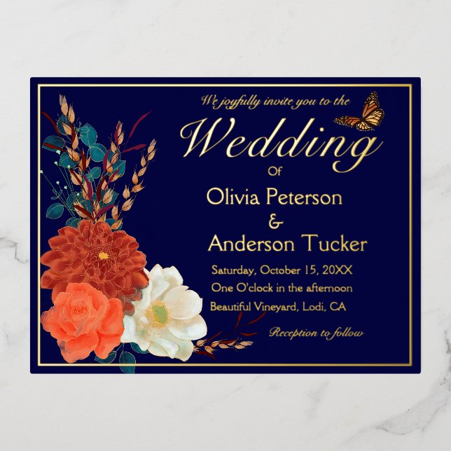 Hochzeit im Herbst Navy QRC Blumenmonarch Butterfl Folie Einladungspostkarte (Vorderseite)