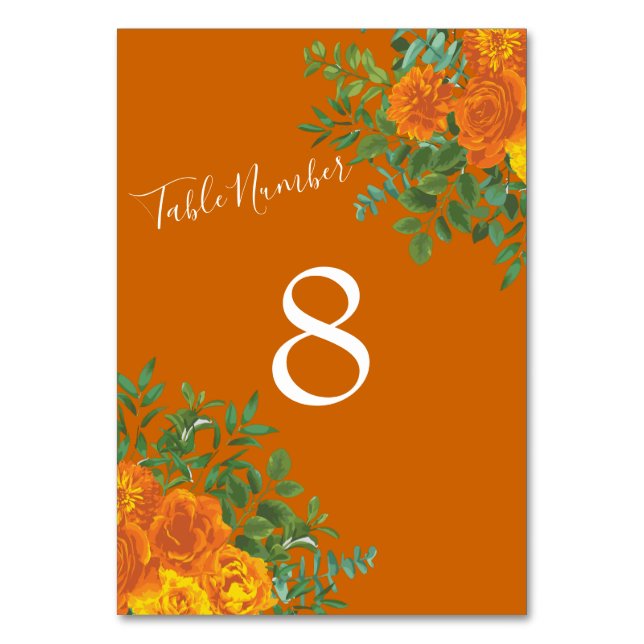 Hochzeit im Herbst Orange Rust Rose Blumen Schöne Tischnummer (Rückseite)