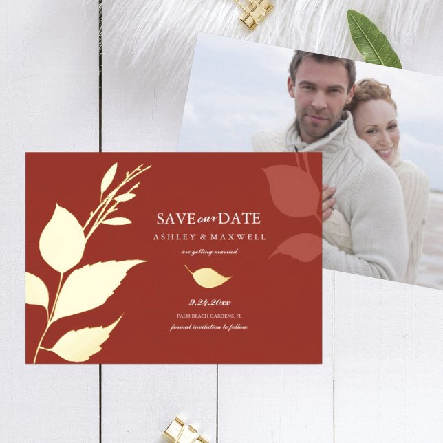 Hochzeit im Herbst Save the Date Orange-Blätter Folieneinladung (save the date orange wedding photo card)