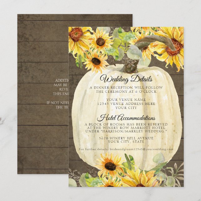 Hochzeit im Herbst Sonnenblume Pumpkin Blüteninfor Begleitkarte (Vorne/Hinten)