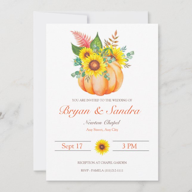 Hochzeit im Herbst Sonnenblumen und Kürbispflanzen Einladung (Vorderseite)