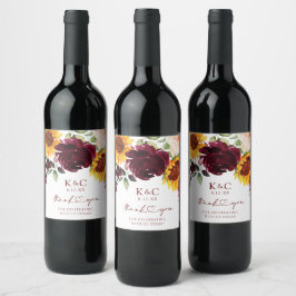 Hochzeit im Herbst Sonnenblumen und Rose Burgund W Weinetikett