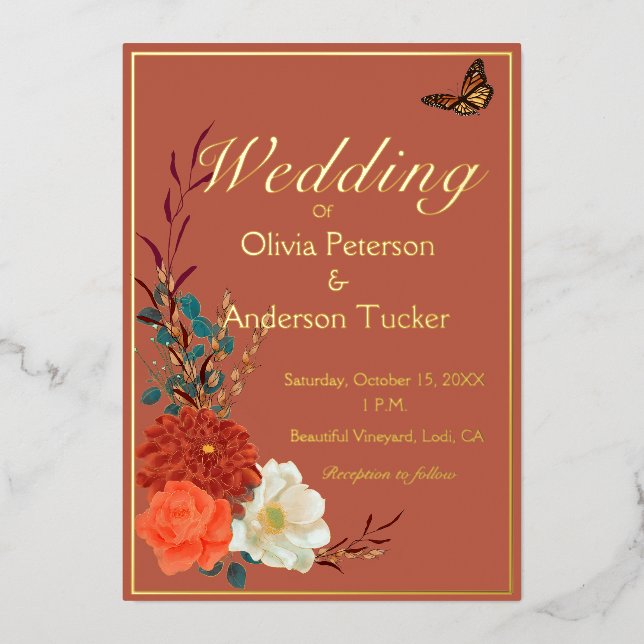 Hochzeit im Herbst Terracotta Folieneinladung (Vorderseite)