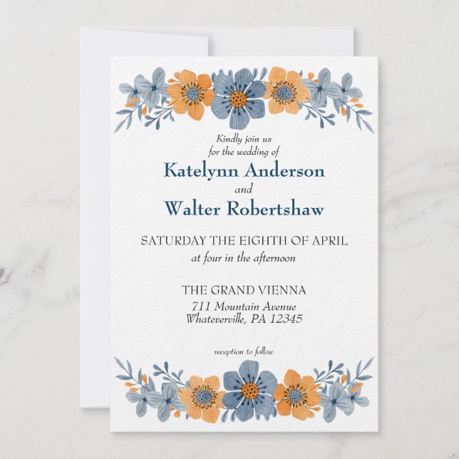 Hochzeit im Herbst von Aquarell Blau und Orange Einladung (Vorderseite)