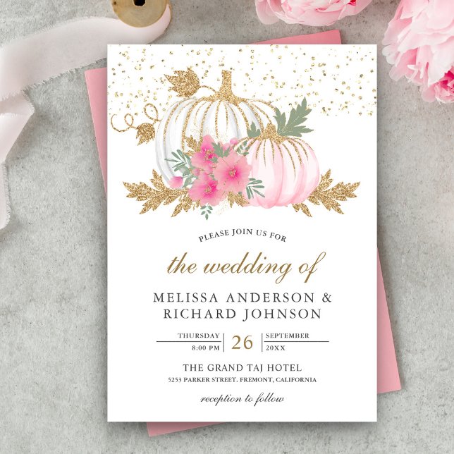Hochzeit im Herbst von Gold und Weiß Pumpkin Pink Einladung (Von Creator hochgeladen)