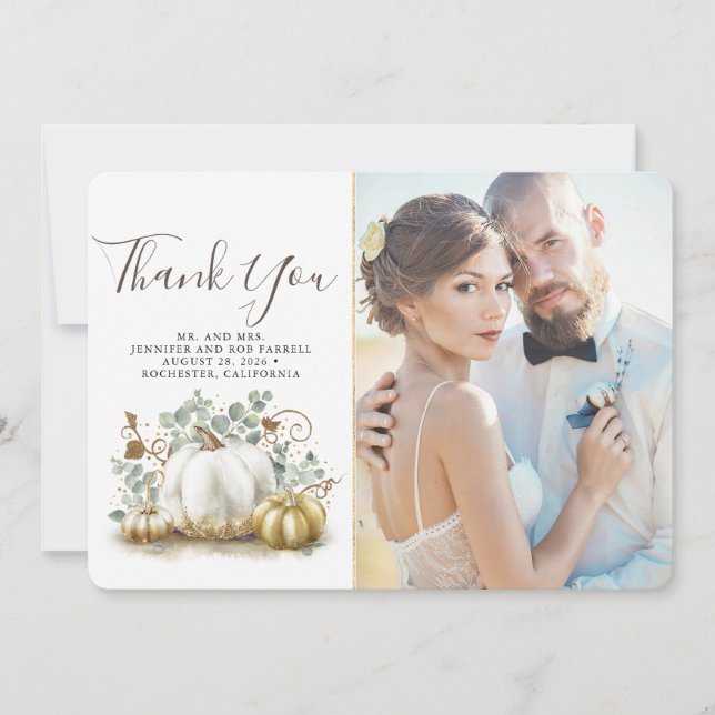 Hochzeit im Herbst von Gold und White Pumpkins Dan Dankeskarte (Vorderseite)
