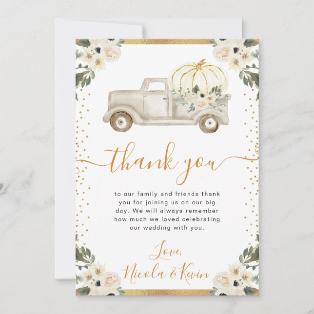 Hochzeit im Herbst von White and Gold Floral Pumpk Dankeskarte (Vorderseite)