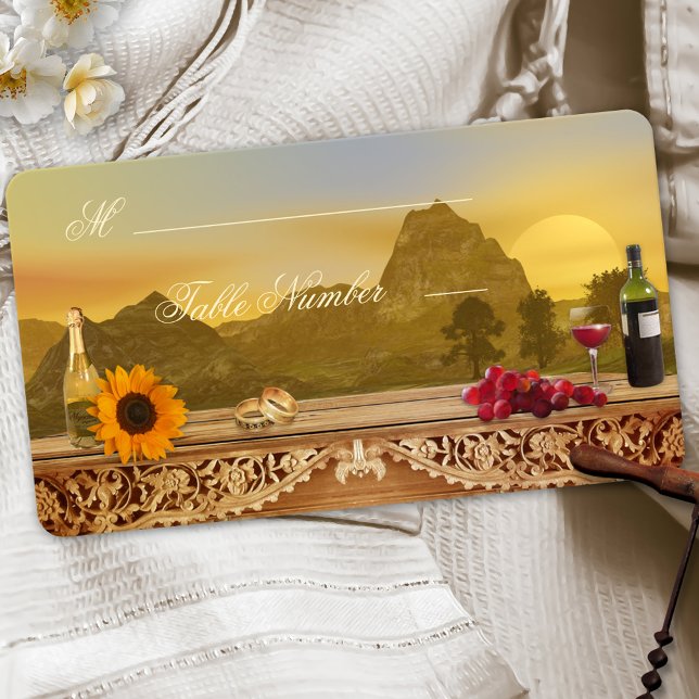 Hochzeit im Herbst Weingarten Sitzplätze Tafel Pla Platzkarte (Table Place Cards featuring a vintage Tuscan landscape with wine, grapes, a sunflower)