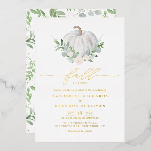 Hochzeit im Herbst White Pumpkin Wreath Greenerity Folieneinladung (Vorderseite/Rückseite)