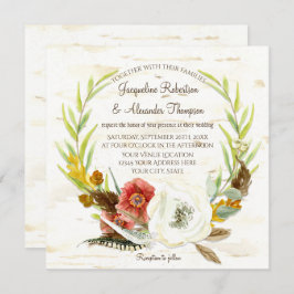 Hochzeit im Herbst Wreath Boho Feather Birch Bark  Einladung