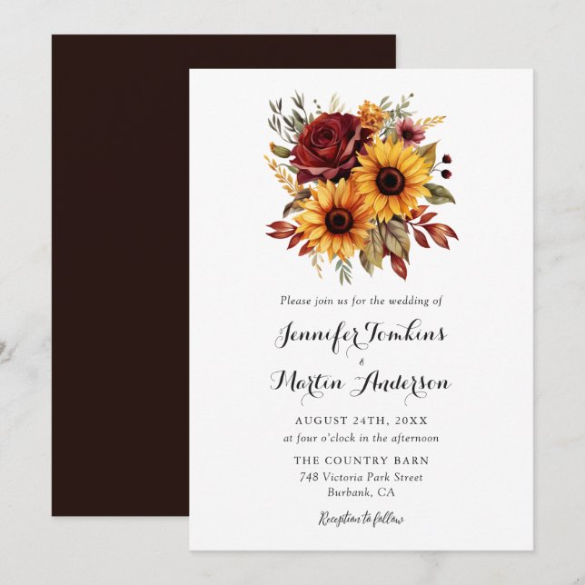 Hochzeit im Herbst zur Sonnenblume Rote Rose Einladung (Vorne/Hinten)