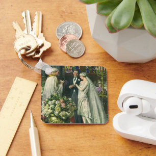 Hochzeit im Vintage-Stil, Braut und Bräutigam mit Schlüsselanhänger