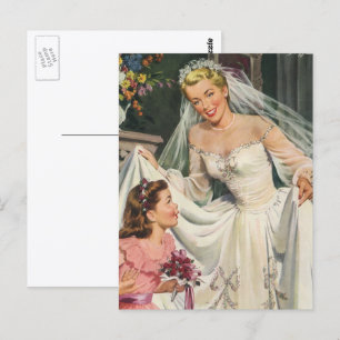 Hochzeit im Vintage-Stil, Retro-Braut mit Blumenmä Postkarte