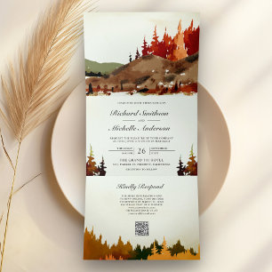 Hochzeit im Wald Herbst Wald Berg QR Code Dreifach Gefaltete Einladung