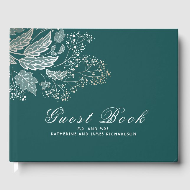Hochzeit in aquamarinen und Goldblättern Gästebuch (Vorderseite)
