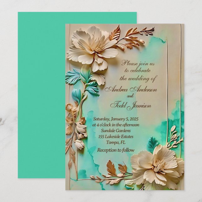 Hochzeit in aquamariner und beige Blume Einladung (Vorne/Hinten)
