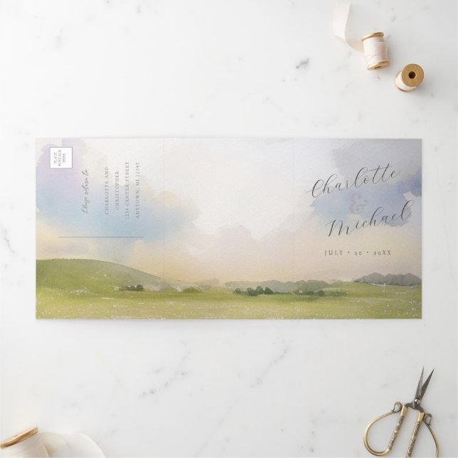 Hochzeit in Aquarellen Dreifach Gefaltete Einladung (Außenbereich)