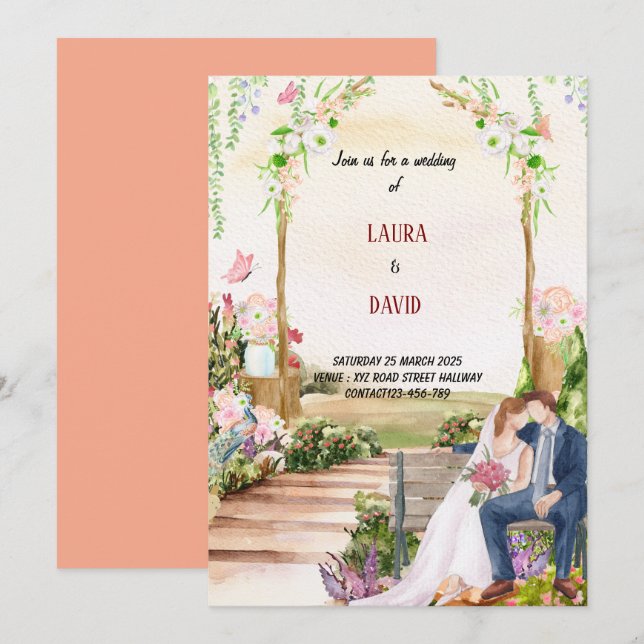 Hochzeit in Aquarellen Einladung (Vorne/Hinten)