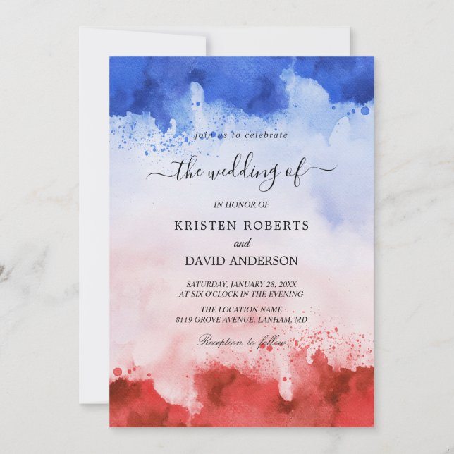 Hochzeit in Aquarellrot und Blau Einladung (Vorderseite)