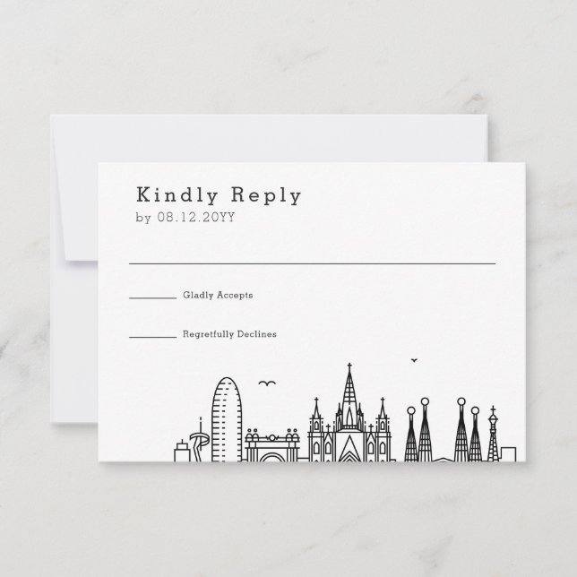 Hochzeit in Barcelona | Stilisierte Skyline-UAWG RSVP Karte (Vorderseite)