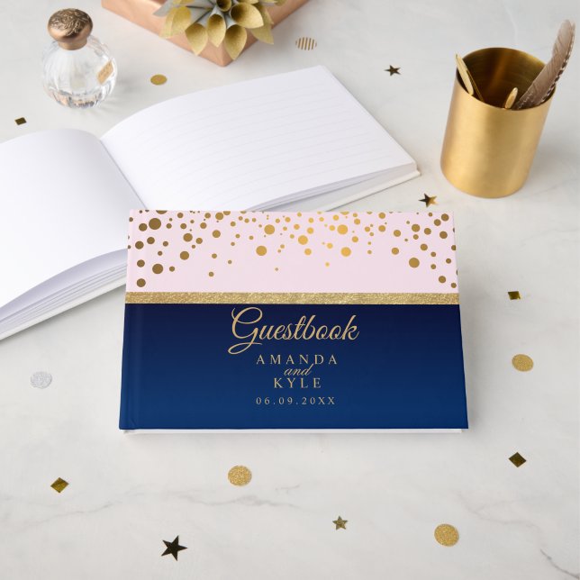 Hochzeit in Blau, Rosa und Gold Gästebuch (Vorderseite Offen)