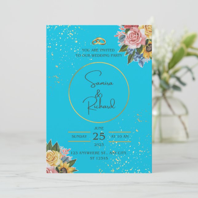 Hochzeit in Blau und Flora Einladung (Stehend Vorderseite)