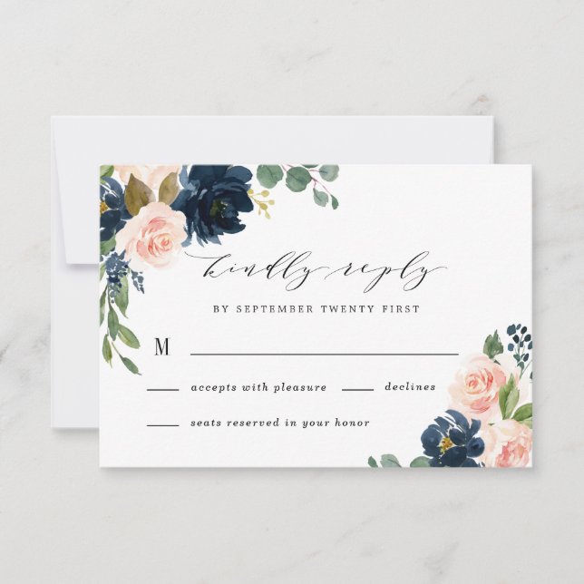 Hochzeit in blau und rot-rosa Blumenriesen RSVP Karte (Vorderseite)