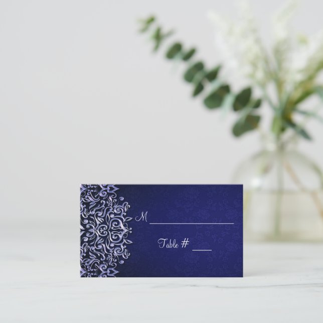Hochzeit in Blau und Weiß Damaskus Platzkarte (Stehend Vorderseite)