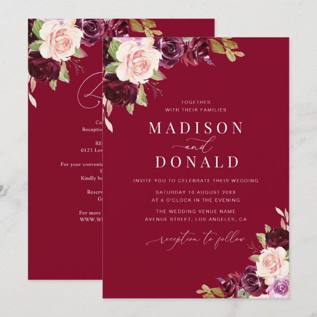 Hochzeit in Bordeaux und Rosa Einladung (Vorne/Hinten)