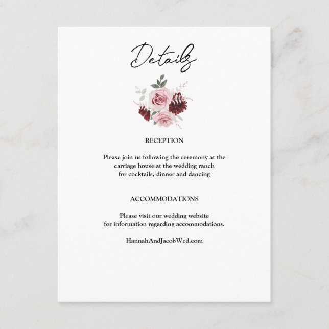 Hochzeit in Burgund Rot und Rosa Begleitkarte (Vorderseite)