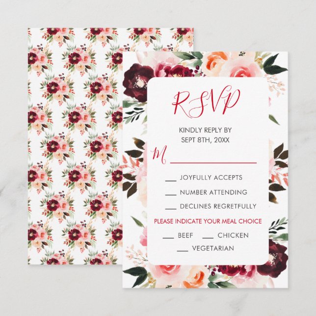 Hochzeit in Burgund Rot und Rosa RSVP Karte (Vorne/Hinten)