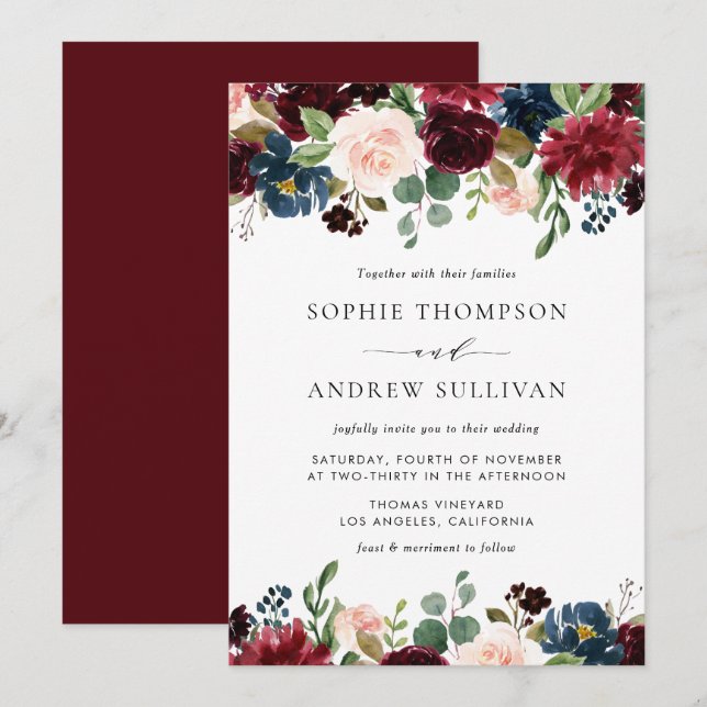 Hochzeit in Burgund und Blauen Blumengärten Einladung (Vorne/Hinten)