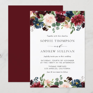 Hochzeit in Burgund und Blauen Blumengärten Einladung