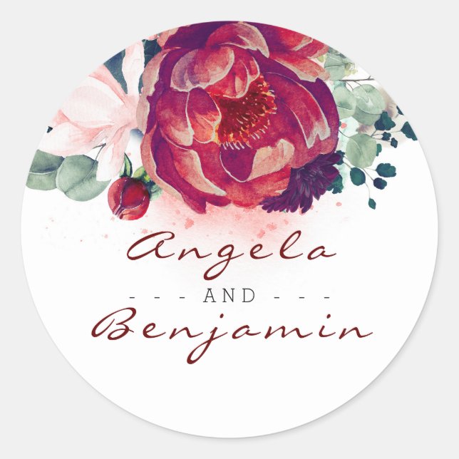 Hochzeit in Burgund und Rosa Runder Aufkleber (Vorderseite)