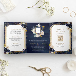Hochzeit in einem Wappen mit blauem Gold Dreifach Gefaltete Einladung