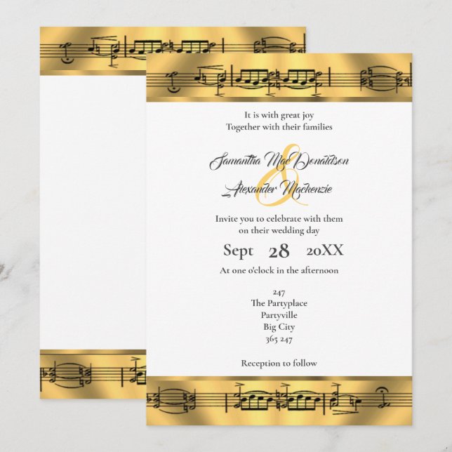 Hochzeit in Gold Musiknote Einladung (Vorne/Hinten)