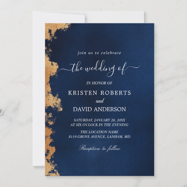 Hochzeit in Gold und Königsblau Einladung (Vorderseite)
