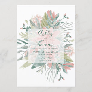 Hochzeit in grünem Rosa, botanisches Wasserfarben Einladung