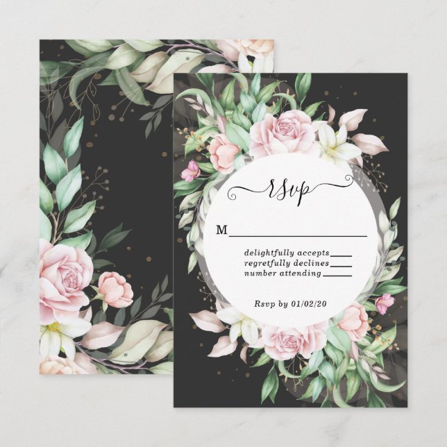 Hochzeit in Luxus, Schwarz und Rosa RSVP Karte (Vorne/Hinten)