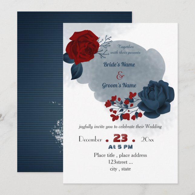 Hochzeit in Marineblau und Rot-Blume Einladung (Vorne/Hinten)