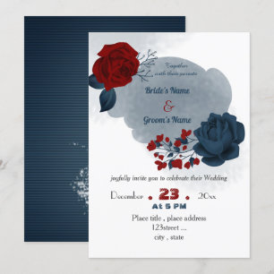 Hochzeit in Marineblau und Rot-Blume Einladung