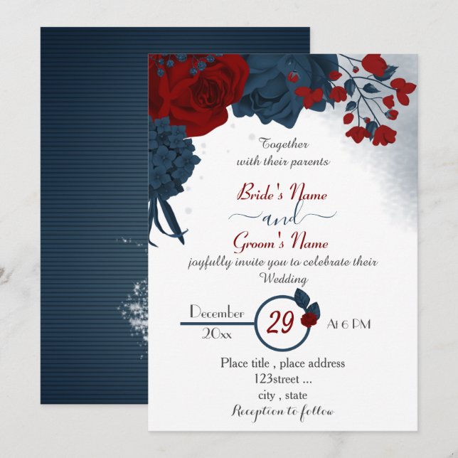 Hochzeit in Marineblau und Rot-Blume Einladung (Vorne/Hinten)