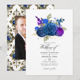 Hochzeit in Navy Blue, Gold und Lila Vintagen Blum Einladung
