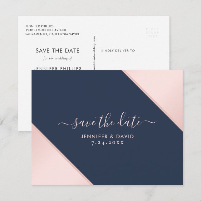 Hochzeit in Navy Blue und Blush speichern das Datu Ankündigungspostkarte (Vorne/Hinten)
