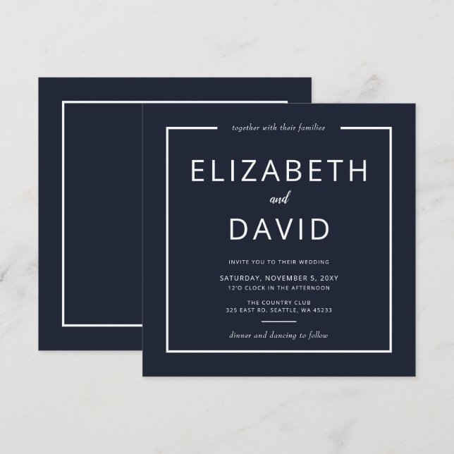 Hochzeit in Navy und White Elegante Moderne Minima Einladung (Vorne/Hinten)