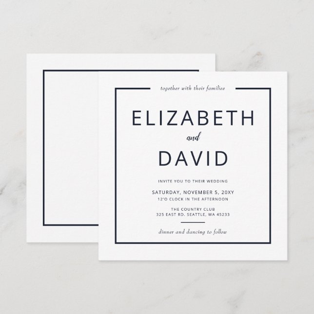 Hochzeit in Navy und White Elegante Moderne Minima Einladung (Vorne/Hinten)