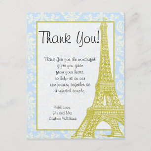 Hochzeit in Paris Blau Damast Flach Dankeskarten Dankeskarte