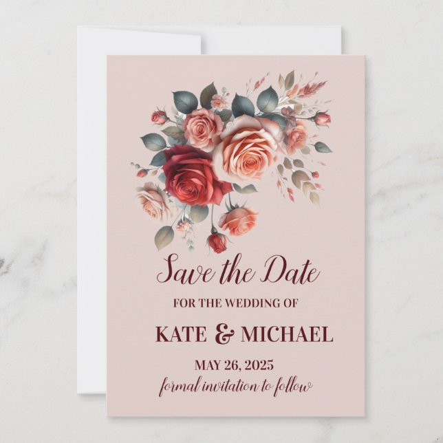 Hochzeit in Rot und Pfirsichblüte Save The Date (Vorderseite)