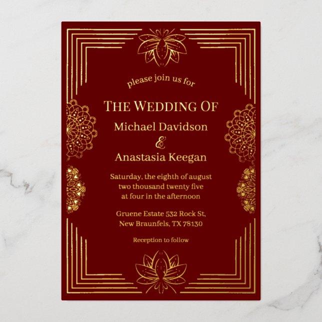 Hochzeit in rotem Gold Folieneinladung (Vorderseite)